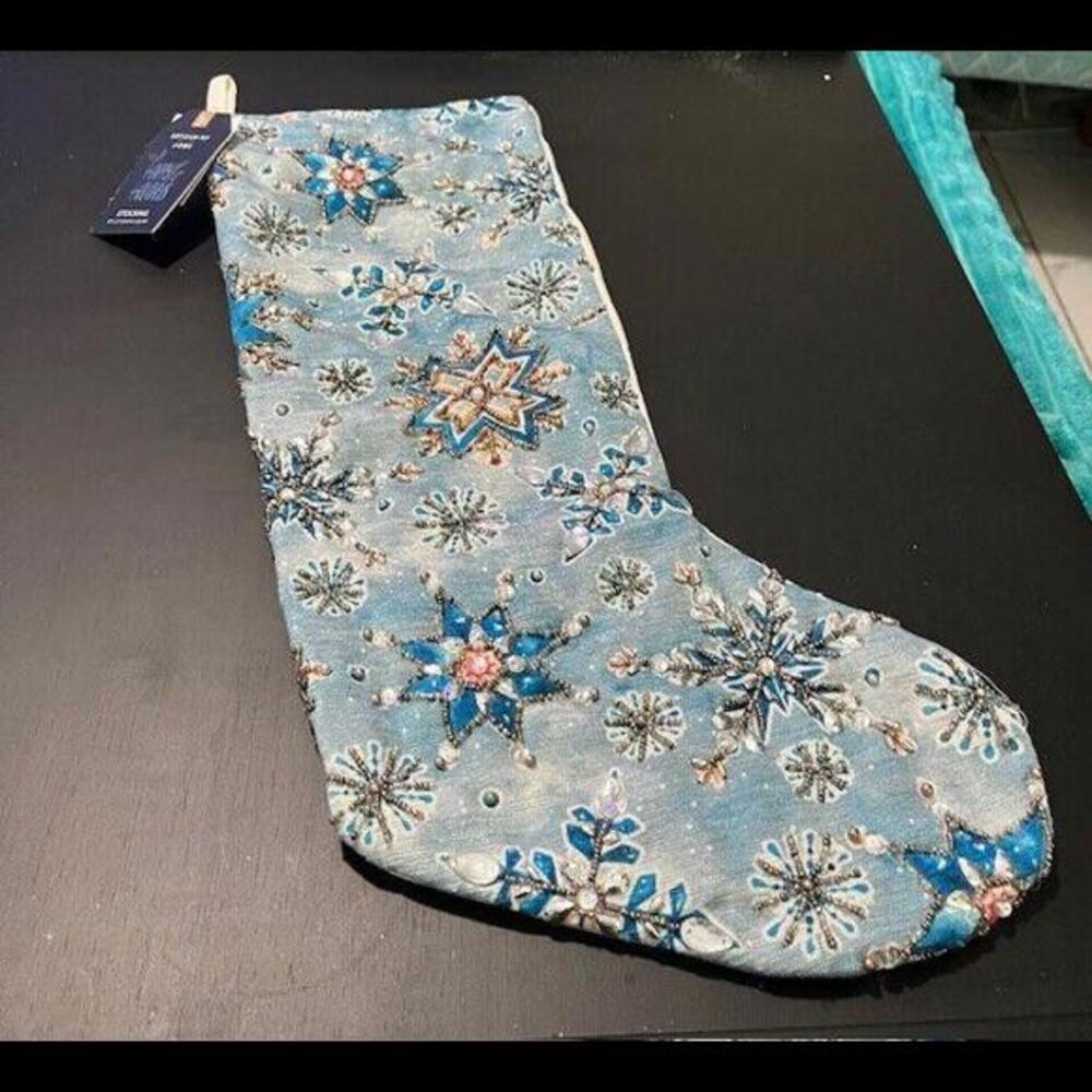 Artisan NY Home Blue Snowflake Beaded Christmas Stocking NWT